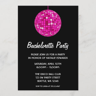 Bachelorette för shock rosa- och svartdiskoboll inbjudningar