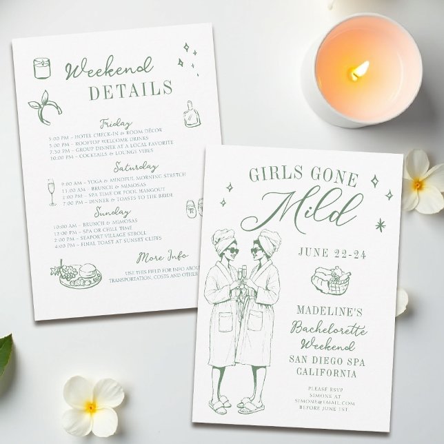 Bachelorette Girls Borta Grönt med mild skript Inbjudningar (girls gone mild invitation bachelorette weekend itinerary sage green spa hand drawn script sketch)