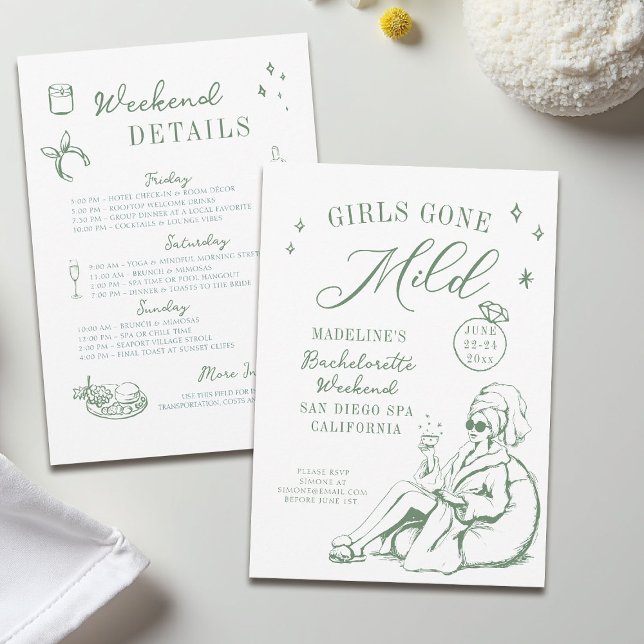 Bachelorette Girls Borta Grönt med milt skript rit Inbjudningar (girls gone mild invitation bachelorette weekend itinerary sage green spa hand drawn script doodle)