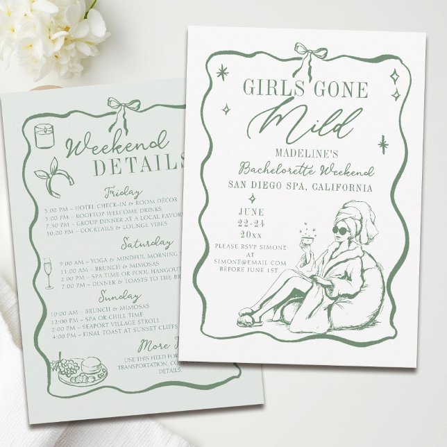 Bachelorette Girls Borta Mild Drawn Bow Itinerary Inbjudningar (girls gone mild invitation bachelorette weekend itinerary sage green spa bow frame hand drawn)