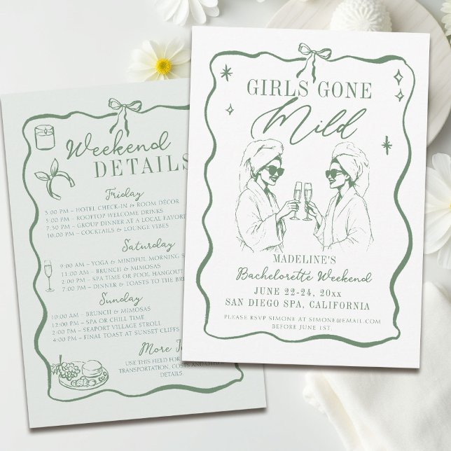 Bachelorette Girls Borta Mild Grönt Bow Itinerary Inbjudningar (girls gone mild invitation bachelorette weekend itinerary sage green spa bow frame)