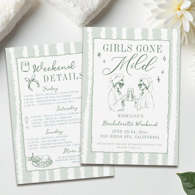Bachelorette Girls Borta Mild Hand plockade Rand Inbjudningar (girls gone mild invitation bachelorette weekend itinerary sage green spa hand drawn stripes)