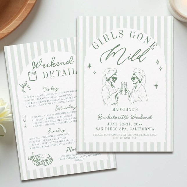 Bachelorette Girls Borta Mild Rand Arch Sage Inbjudningar (girls gone mild invitation bachelorette weekend itinerary sage green spa arch stripes)