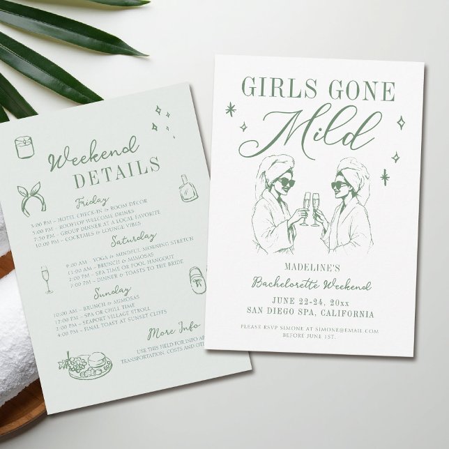 Bachelorette Girls Borta Mild Sage Grönt Itinerary Inbjudningar (girls gone mild invitation bachelorette weekend itinerary sage green spa hand drawn)