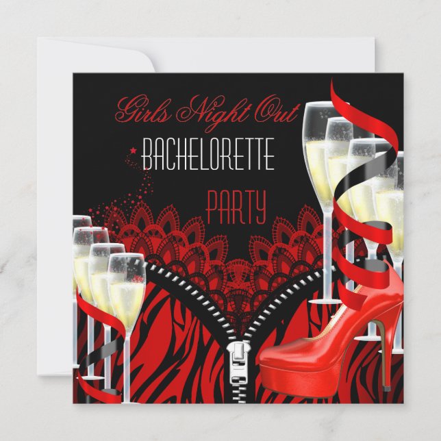 Bachelorette Girls Night Out Red Zebra Champagne Inbjudningar (Framsida)