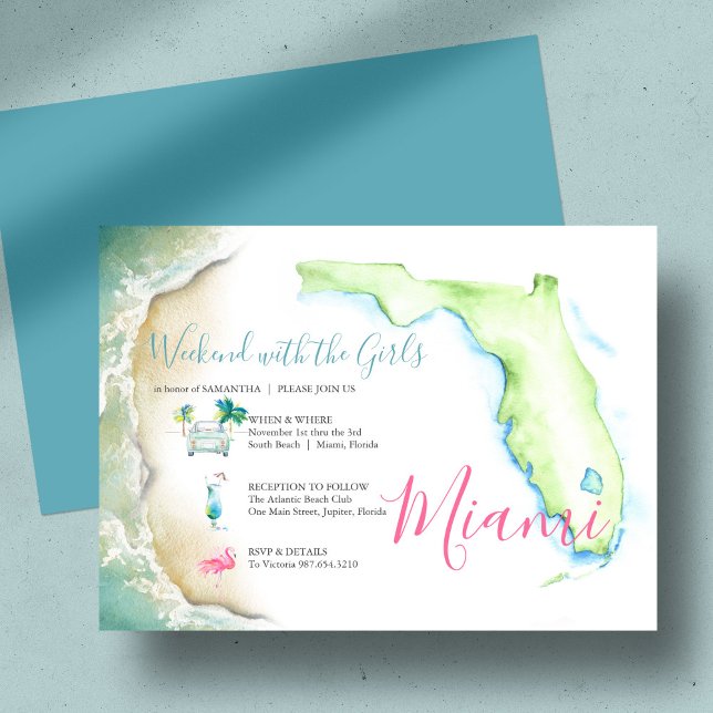 Bachelorette Girls Resa Watercolor Illustrated Inbjudningar (Girl's weekend invitation itinerary Florida unique illustrated watercolor art  Victoria Grigaliunas)