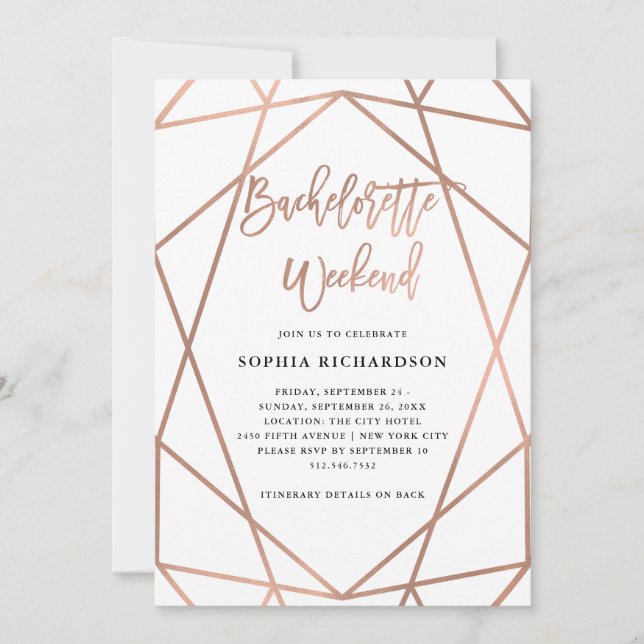 Bachelorette Helg | Faux Ro Guld Geometric Inbjudningar (Framsida)