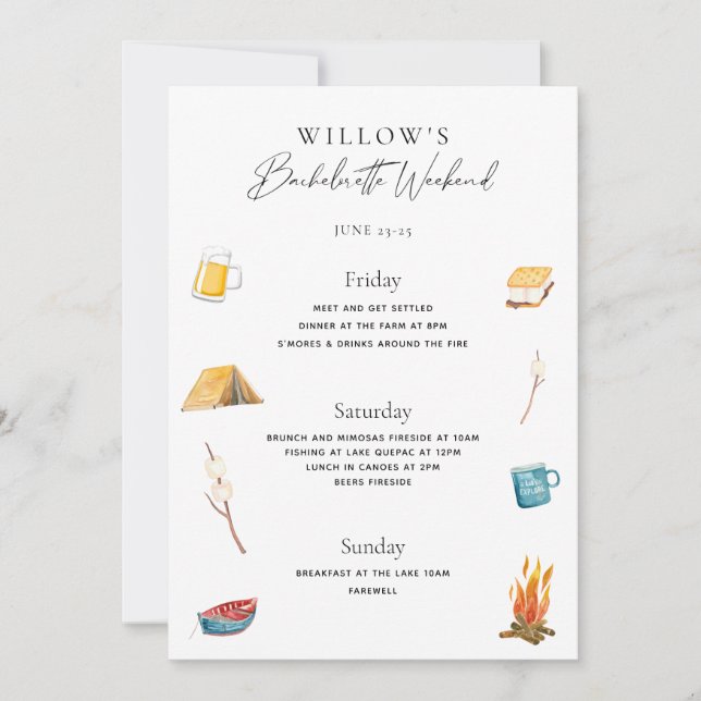 Bachelorette Helg i Skogen Itinerary Inbjudningar (Framsida)