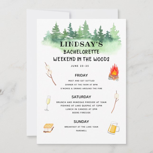 Bachelorette Helg i Skogen Itinerary Inbjudningar (Framsida)
