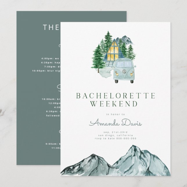 Bachelorette Helg i Skogen Mountain Camping Inbjudningar (Fram/baksida)