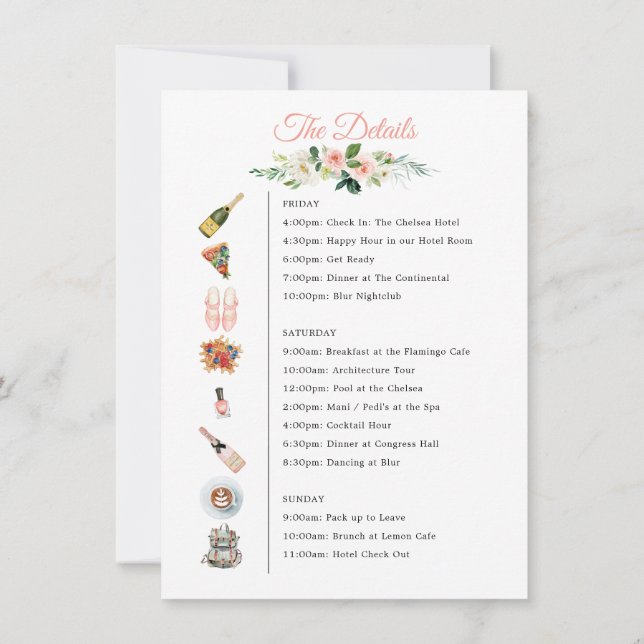 Bachelorette Helg Icon Itinerary Blommigt Inbjudningar (Baksida)