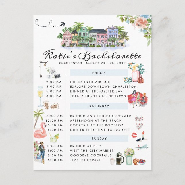 Bachelorette Helg Itinerary | Charleston, SC In Inbjudan Vykort (Framsida)