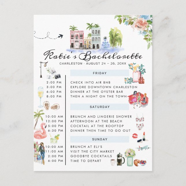 Bachelorette Helg Itinerary | Charleston, SC Inbjudan Vykort (Framsida)