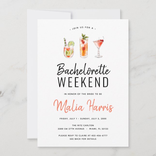 Bachelorette Helg Itinerary Cocktail Drinks Inbjudningar (Framsida)