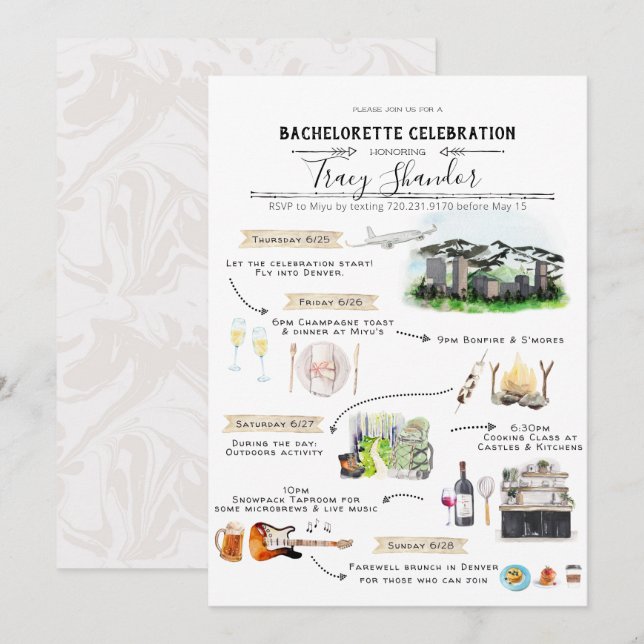 Bachelorette Helg Itinerary | Denver Inbjudningar (Fram/baksida)