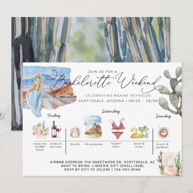 Bachelorette Helg Itinerary | Desert Cactus Inbjudningar (Fram/baksida)