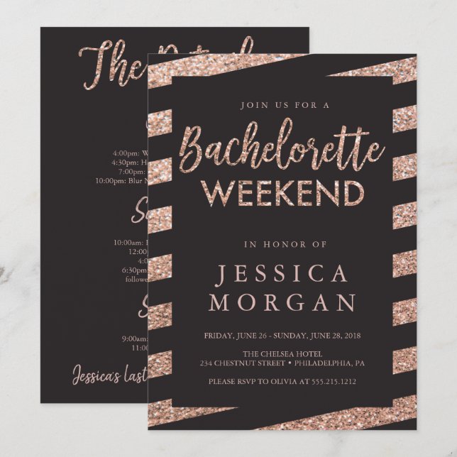 Bachelorette Helg Itinerary Glitter Rand Inbjudningar (Fram/baksida)