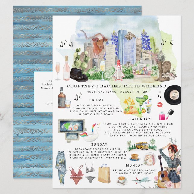 Bachelorette Helg Itinerary | Houston, Texas Inbjudningar (Fram/baksida)