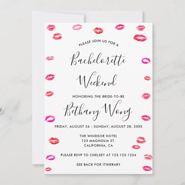 Bachelorette Helg Itinerary Kiss Lipstick Inbjudningar (Framsida)
