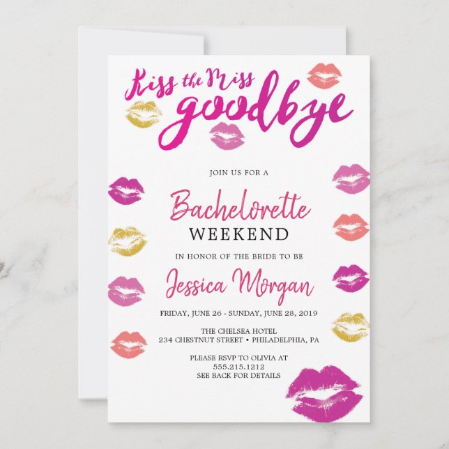 Bachelorette Helg Itinerary Kiss Miss Inbjudningar (Framsida)