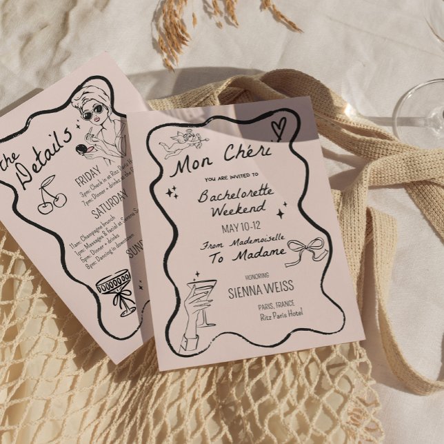 Bachelorette Helg itinerary Mon Cheri Whimsical Inbjudningar (Bachelorette Weekend itinerary Mon Cheri Whimsical Invitation)