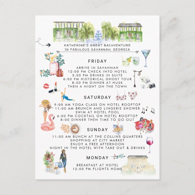 Bachelorette Helg Itinerary | Savannah, Georgien Inbjudan Vykort (Framsida)