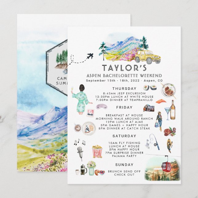 Bachelorette Helg Itinerary | Sommarläger (Fram/baksida)