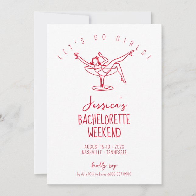 Bachelorette helg kvinna i rött cocktail inbjudningar (Framsida)