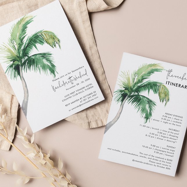Bachelorette Helg och Itinerary Inbjudningar (Coastal Palm Tree Watercolor Bachelorette Party Invitation)