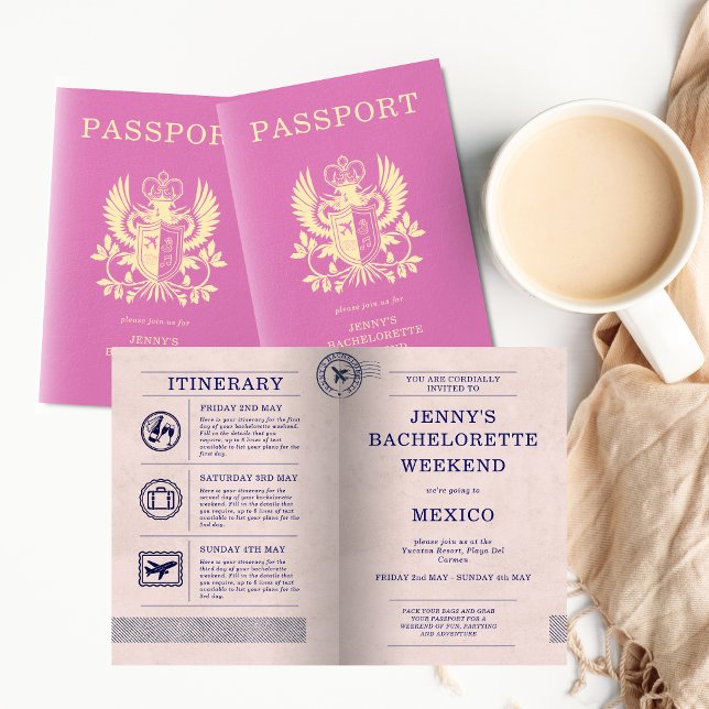 Bachelorette Hen Party Pink Passport Itinerary Inbjudan (Pink Bachelorette Destination Party Passport Invitation
)