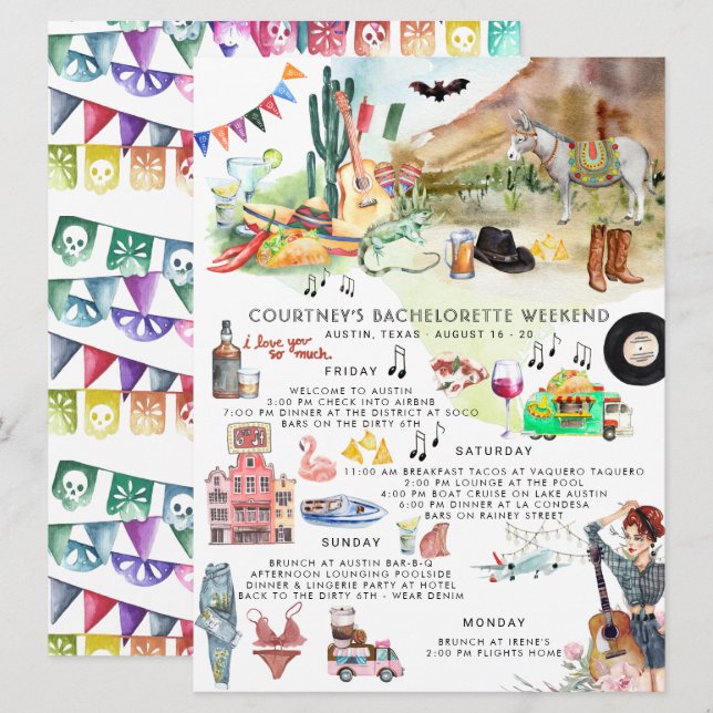 Bachelorette Itinerary | Austin, Texas Fiesta Inbjudningar (Fram/baksida)