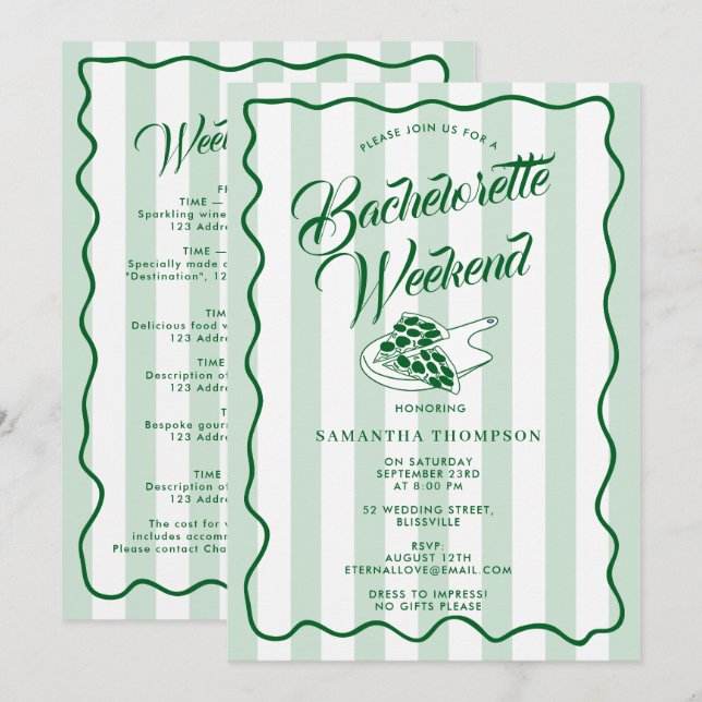 Bachelorette Itinerary Bach Weekend Pizza Italian Inbjudningar (Fram/baksida)