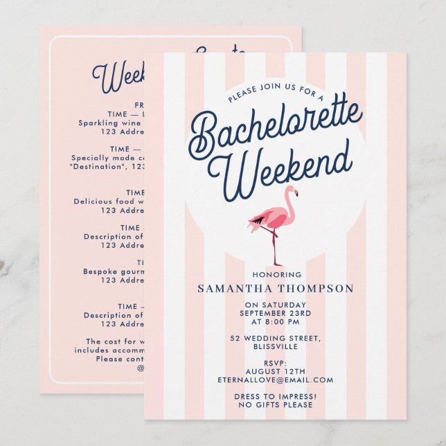 Bachelorette Itinerary Bach Weekend Retro Flamingo Inbjudningar (Fram/baksida)