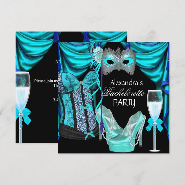 Bachelorette Leopard Blue MasqueraChampagne Inbjudningar (Fram/baksida)