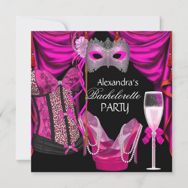 Bachelorette Leopard Rosa MasqueraChampagne Inbjudningar (Framsida)