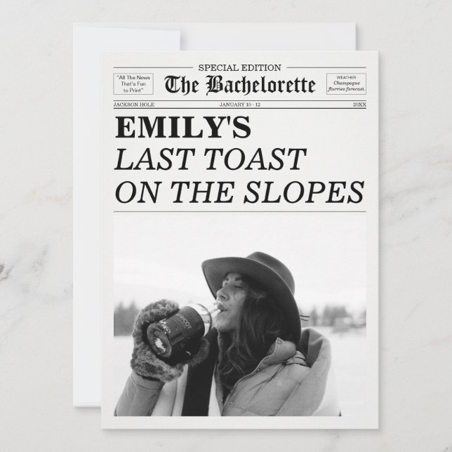 Bachelorette Newspaper Last Toast On The Slopes  Inbjudningar (Framsida)