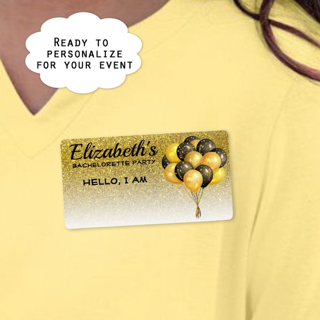 Bachelorette Party Balloons Guld Glitter Namn bric Fraktsedel (Use paper label name tags so guests can remember names at your event. )