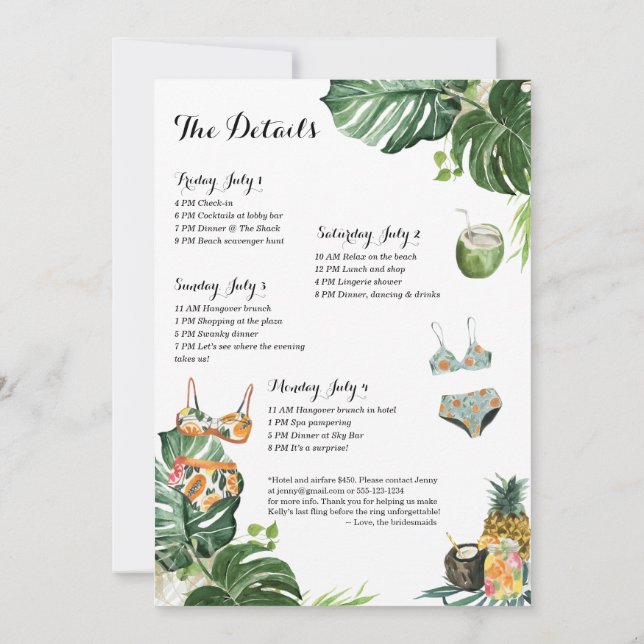 Bachelorette Party Beach Helg 4 Day Itinerary Inbjudningar (Baksida)
