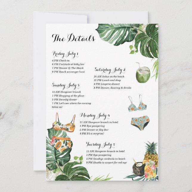 Bachelorette Party Beach Helg Itinerary Inbjudningar (Baksida)
