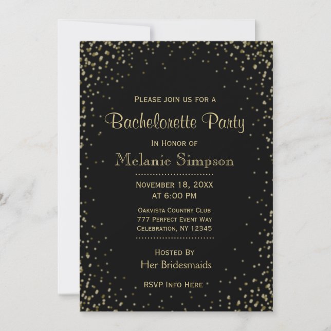 Bachelorette Party | Black Guld Confetti Inbjudningar (Framsida)