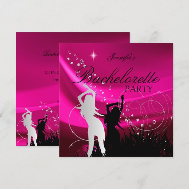Bachelorette Party Black Rosa White Silver Inbjudningar (Fram/baksida)