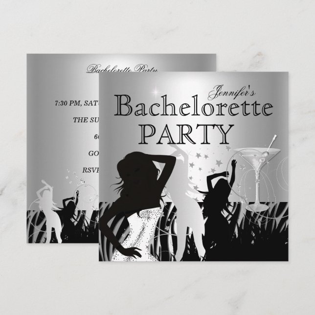 Bachelorette Party Black Silver Zebra Dance Inbjudningar (Fram/baksida)