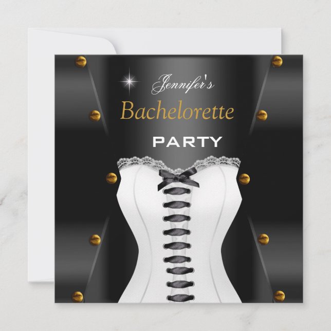 Bachelorette Party Black White Corset Guld Studs Inbjudningar (Framsida)