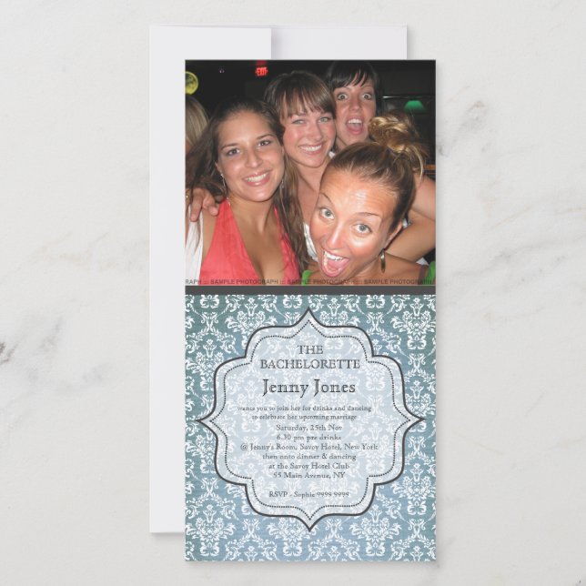 Bachelorette Party Blue Grunge Damask Photo Inbjud (Framsida)