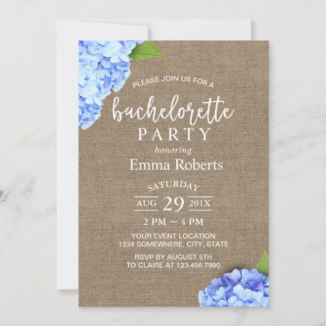 Bachelorette Party Blue Hydrangea Rustic Burlap Inbjudningar (Framsida)