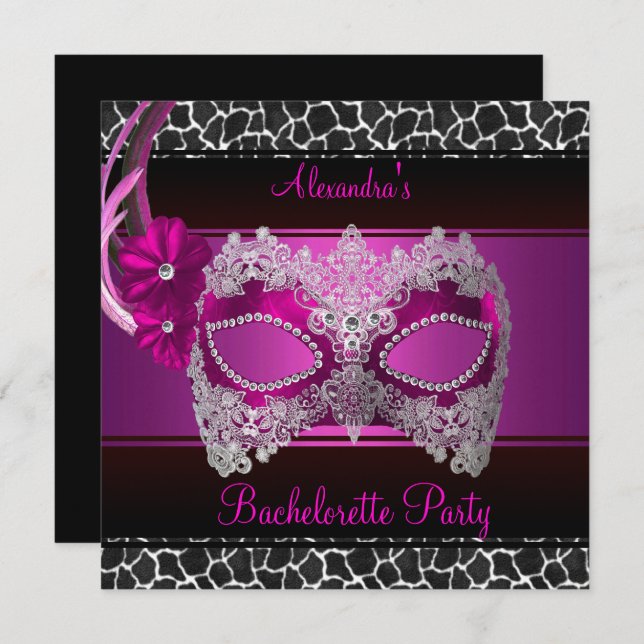 Bachelorette Party Bright Rosa Mask Black White Inbjudningar (Fram/baksida)