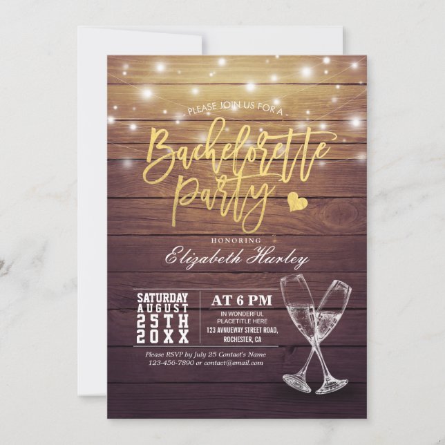 Bachelorette Party Champagne Glasses Wood Ljus Inbjudningar (Framsida)