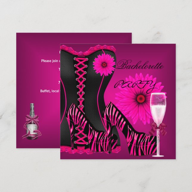 Bachelorette Party Corset Zebra Black Rosa Shoes Inbjudningar (Fram/baksida)