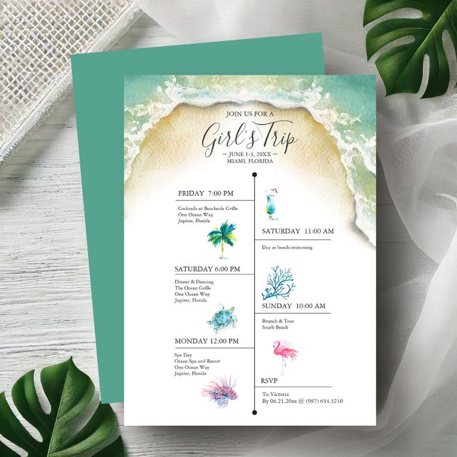 Bachelorette Party Girls Resa Tropical Itinerary (Beach bachelorette party invitations watercolor tropical art by Victoria Grigaliunas DoTellABelle)