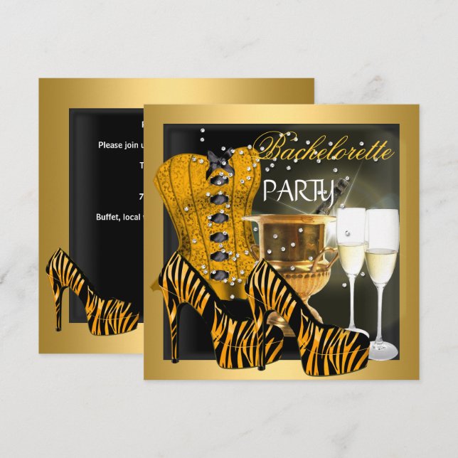 Bachelorette Party Guld Black Corset Zebra Shoes Inbjudningar (Fram/baksida)